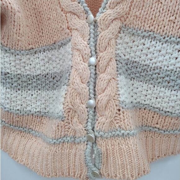 Licorice Vintage Peach Cream Striped Cable Knit V neck Cardigan Sweater Jacket - Picture 7 of 13